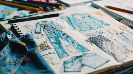 Naklejka premium fashion sketchbook open on a page with detailed drawings of biodegradable denim outfits, colored pencils, and markers around it.