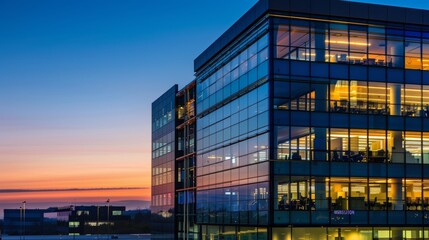Office building at twilight with city lights in the background