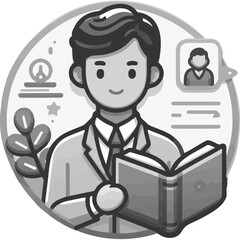 Black and white round icon of a guy and a book. Vector