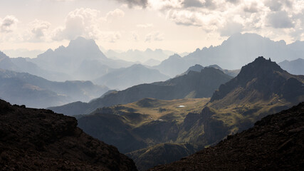 Panoramic view of the mountains with different depth of field. Immensity