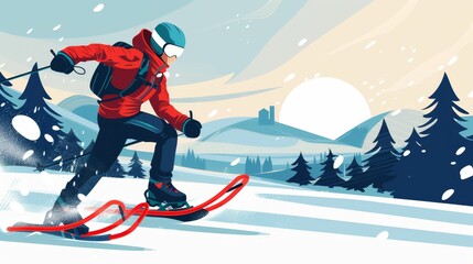 Illustration of a skier racing downhill with a scenic winter landscape in the background.