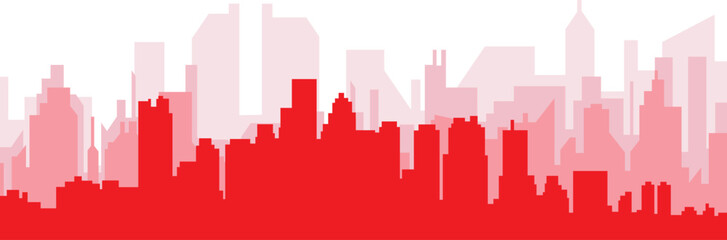 Red panoramic city skyline poster with reddish misty transparent background buildings of BOSTON, UNITED STATES