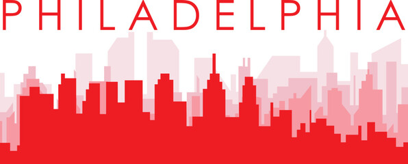 Red panoramic city skyline poster with reddish misty transparent background buildings of PHILADELPHIA, UNITED STATES