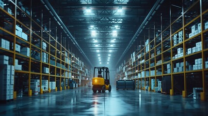 Bustling Beehive: Wide-Angle Photo of a Modern Warehouse with Busy Forklift and Stocked Shelves
