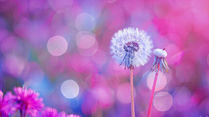 White dandelion on a purple abstract background. 