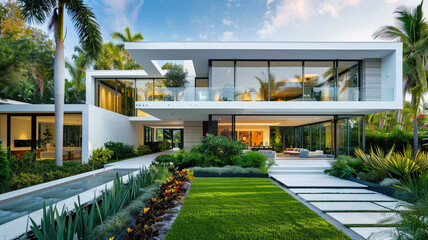 An elegant modern home with a white facade and large glass panels overlooking a manicured garden with vibrant greenery. - Powered by Adobe