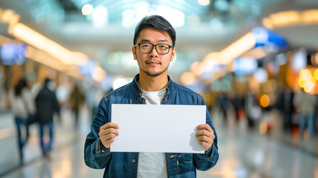 A young Asian man holding up an empty white sign at the airport
