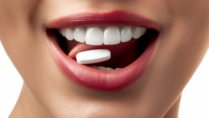 Obraz premium A woman is taking a pill in her mouth . The pill is white and small. The woman has a bright smile on her face