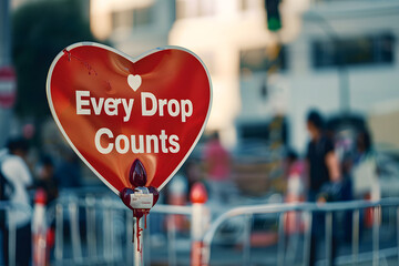 A heart-shaped sign saying "Every Drop Counts" amidst a backdrop of a blood donation campaign