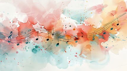 Abstract watercolor background with musical notes and flowers. Digital art painting. Ai generative.
