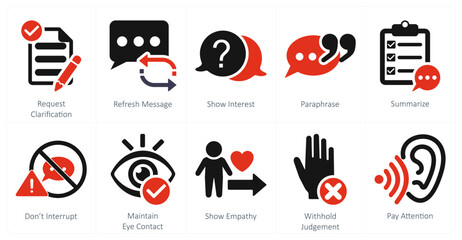 A set of 10 active listening icons as request clarification, refresh message, show interest
