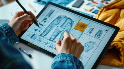 Digital design tablet displaying sketches of biodegradable denim wear, with visible hands making adjustments