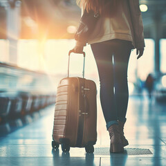 woman walking with suitcase in airport - obrazy, fototapety, plakaty