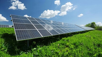 Solar panels in a lush green field under a blue sky - obrazy, fototapety, plakaty