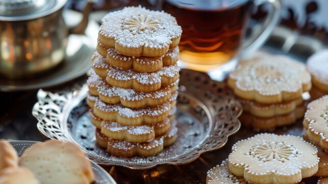 Plate full of cookies with a side cup of tea