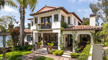 An elegant modern villa with a white stucco exterior, accented by wrought iron details and lush...