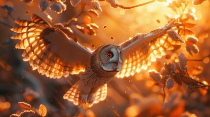 flying owl, in the style of photo-realistic techniques, aesthetic i can't believe how beautiful this is flowers over the owls or flower fields and forests with sunlight bugs other birds background,