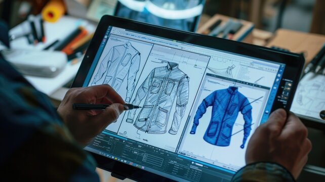 Digital design tablet displaying sketches of biodegradable denim wear, with visible hands making adjustments