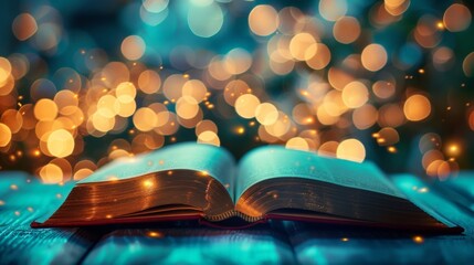 An open book on a wooden table with blurred lights in the background