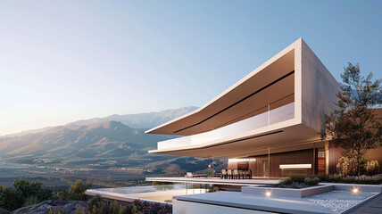 An ultra-modern house with a cantilevered design, showcasing panoramic views of the mountains and valleys below against a clear sky.
