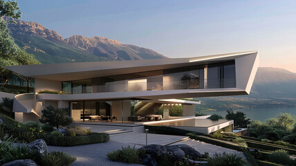An ultra-modern house with a cantilevered design, showcasing panoramic views of the mountains and...