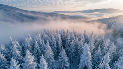 White frost-covered trees in winter forest at foggy sun