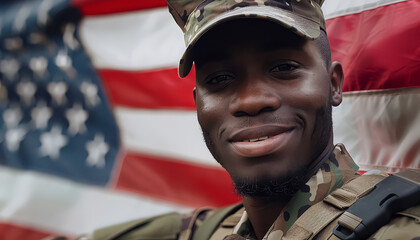 A smiling soldier is standing next to another soldier near American flag