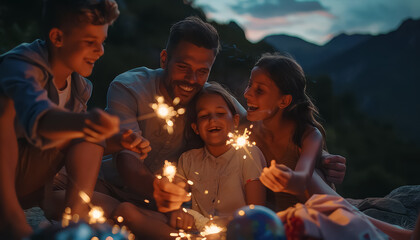 A family of four sits on a grassy hillside, holding sparklers
