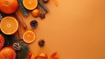 A tranquil tangerine orange background with festival decorations on the left side.