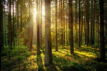 Fototapeta premium Forest Glade During Golden Hour, With Dappled Sunlight Filtering Through The Trees and Illuminating Patches of Vibrant Greenery, Generative AI