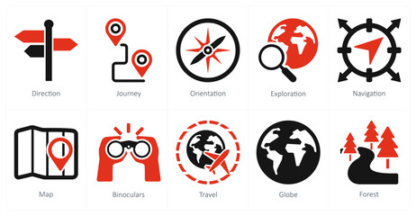 A set of 10 adventure icons as direction, journey, orientation - obrazy, fototapety, plakaty