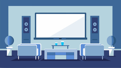 A minimalist home theater with all white furniture a large framed screen and hidden surround sound speakers for a clean and modern movie viewing.