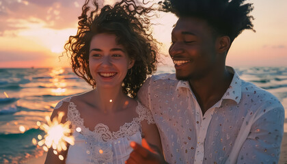 A man and woman are smiling and standing on a beach