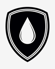 Drop Sign. Water, Oil or Other Liquid Droplet Silhouette on Shield. Drinking Water - Symbol. Vector Printable Sign