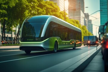 Green bus on the road in the city. 3D illustration. Sustainable energy. Electric vehicle. Green Energy Concept with Copy Space. 