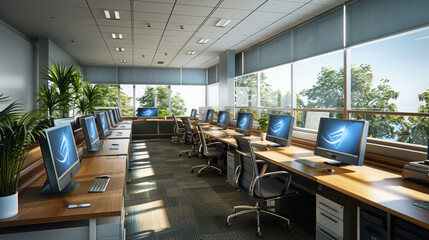 A large open office space with rows of desks and chairs