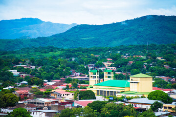 Panoramic view of the city center of Juigalpa, Chontales. Beautiful town full of trees, between mountains. View of the Cathedral "Nuestra Señora de la Asunción". Visit Nicaragua. Community Tourism. 