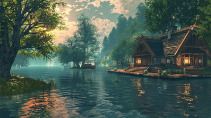 A house sits on a dock in front of a body of water