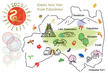 福島県の観光地のイラストマップ年賀状2025年