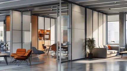Modern Office Space With Glass Partitions in Daylight - obrazy, fototapety, plakaty