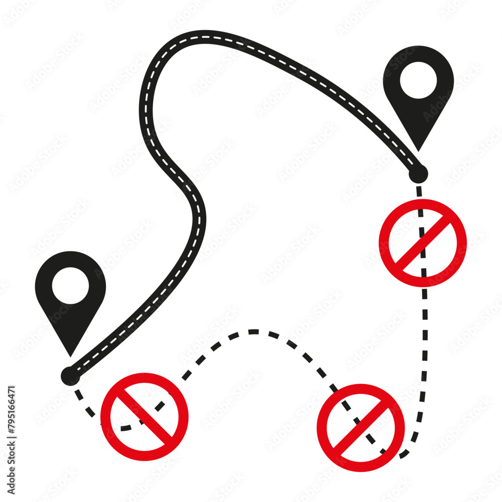 Poster navigational route with restrictions. gps tracking path with prohibition signs. vector illustration.