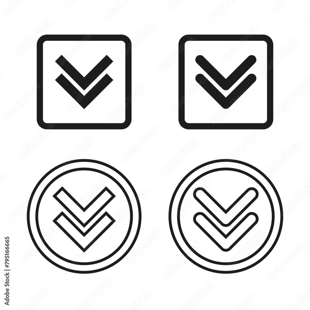 Poster double arrows icon set. direction indicators in square and circular frames. interface navigation sym