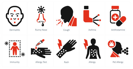 A set of 10 allergy icons as dermatitis, runny nose, cough