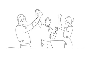 The successful team is celebrating by raising their hands. Team celebrating success concept one-line drawing