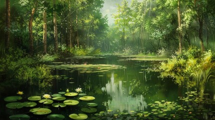 Swamp with Lily Pads and Forest