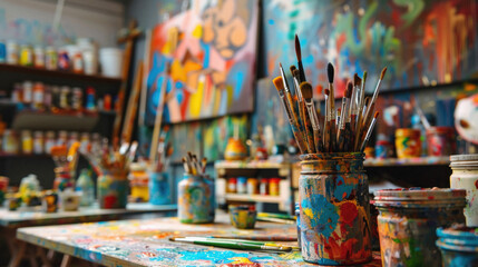 A messy art studio with a jar of paint brushes and a variety of paint colors