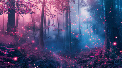 Magical pink colored foggy forest fairytale