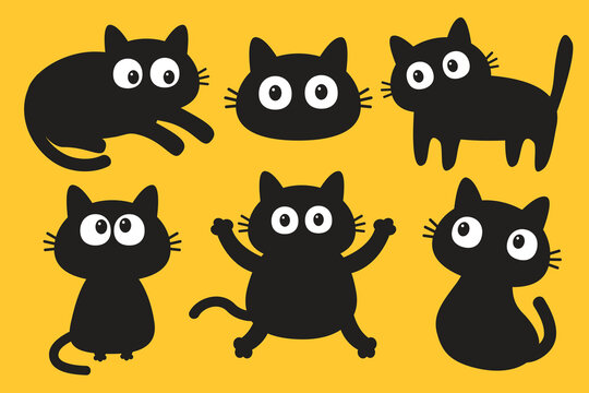 Black cat set. Kitten with big eyes face. Nail claw scratch, sitting, laying, sleeping, looking. Cute cartoon kawaii funny baby pet character. Flat design. Sticker print. Yellow background. Vector