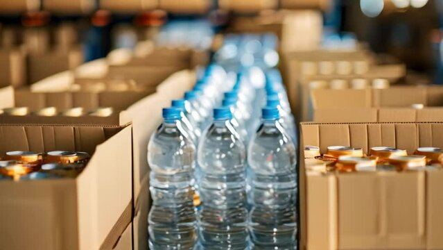 Cardboard boxes filled with canned goods and bottled water for a food drive. Concept Food Drive, Canned Goods, Bottled Water, Charity, Cardboard Boxes