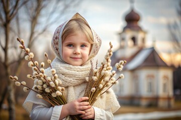 Palm Sunday. Christianity. Portrait of a three-year-old girl in a Russian folk shawl with willow branches in her hands against the background of an Orthodox church. - obrazy, fototapety, plakaty